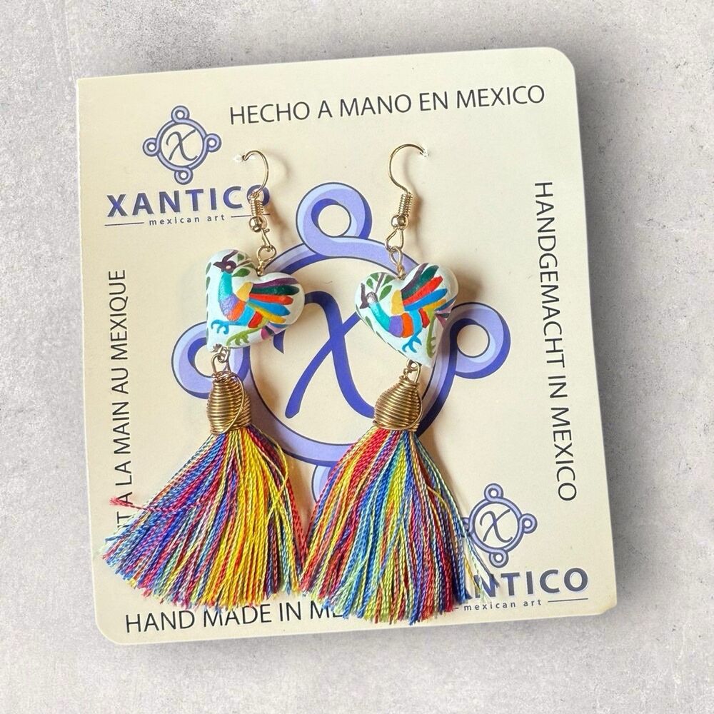 Copal Wood Hand Painted Mexico Heart Earrings With Birds And Multicolor Tassels